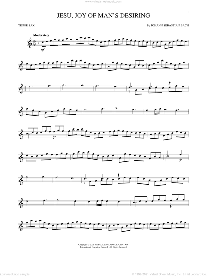 Jesu, Joy Of Man's Desiring sheet music for tenor saxophone solo by Johann Sebastian Bach and Robert Bridges, classical score, intermediate skill level