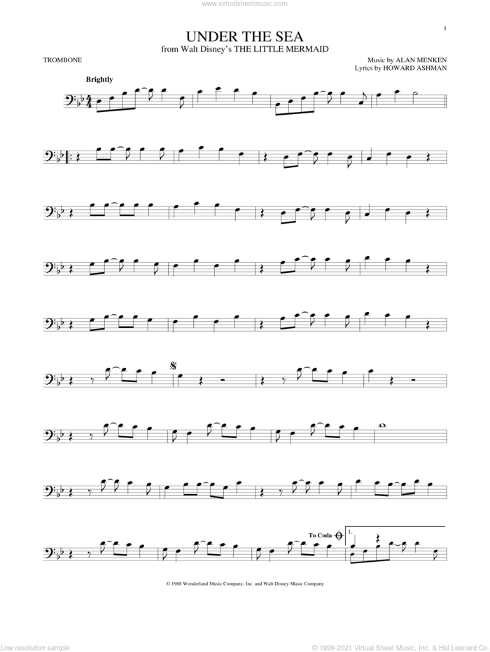 Under The Sea (from The Little Mermaid) sheet music for trombone solo by Alan Menken & Howard Ashman, Alan Menken and Howard Ashman, intermediate skill level