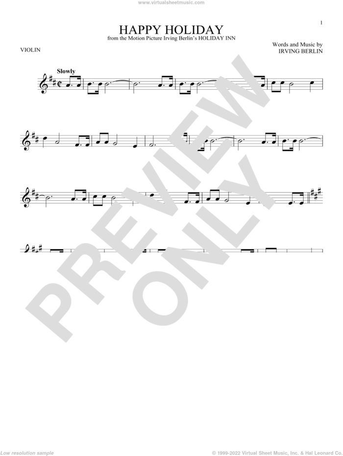 Happy Holiday sheet music for violin solo by Irving Berlin, intermediate skill level
