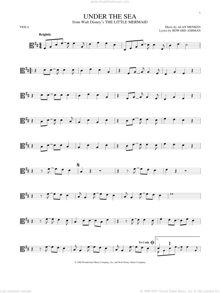 Under The Sea (from The Little Mermaid) sheet music for viola solo by Alan Menken & Howard Ashman, Alan Menken and Howard Ashman, intermediate skill level