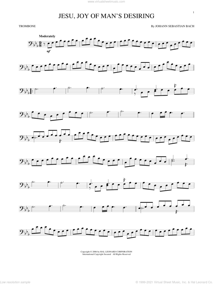 Jesu, Joy Of Man's Desiring sheet music for trombone solo by Johann Sebastian Bach and Robert Bridges, classical score, intermediate skill level