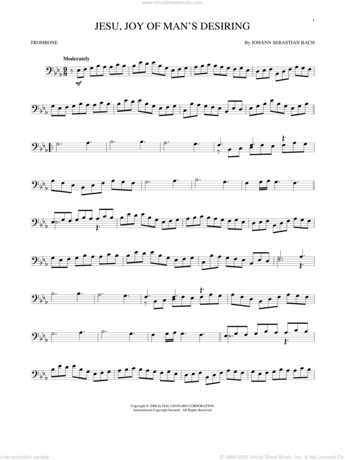 Jesu, Joy Of Man's Desiring sheet music for trombone solo by Johann Sebastian Bach and Robert Bridges, classical wedding score, intermediate skill level