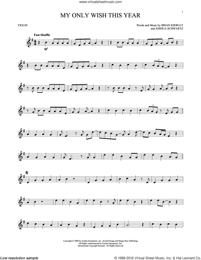 My Only Wish This Year sheet music for violin solo by Britney Spears, Brian Kierulf and Joshua Schwartz, intermediate skill level