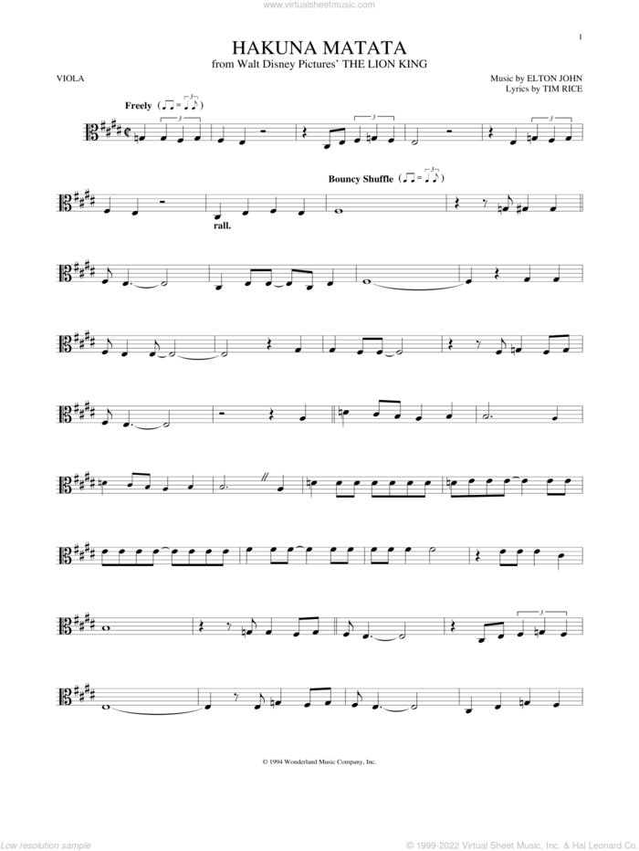 Hakuna Matata (from The Lion King) sheet music for viola solo by Elton John, Jimmy Cliff featuring Lebo M, Elton John & Tim Rice and Tim Rice, intermediate skill level