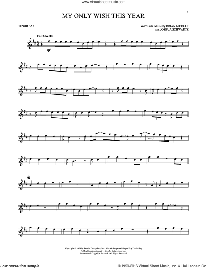 My Only Wish This Year sheet music for tenor saxophone solo by Britney Spears, Brian Kierulf and Joshua Schwartz, intermediate skill level