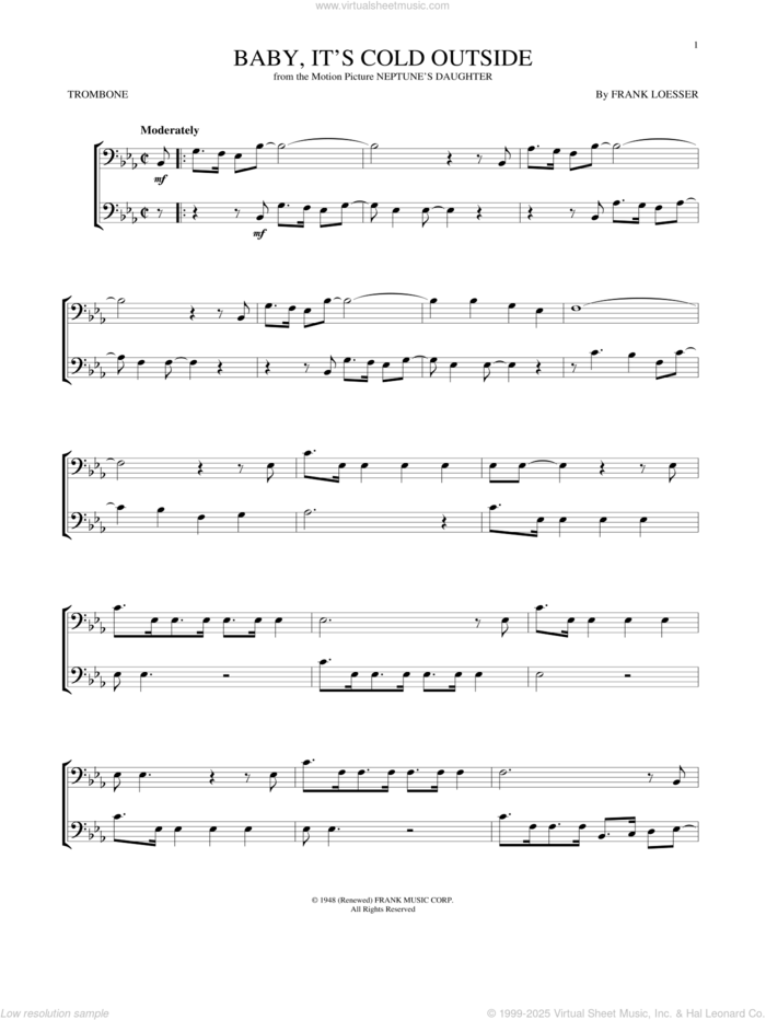 Baby, It's Cold Outside sheet music for trombone solo by Frank Loesser, intermediate skill level