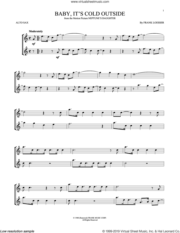 Baby, It's Cold Outside sheet music for alto saxophone solo by Frank Loesser, intermediate skill level