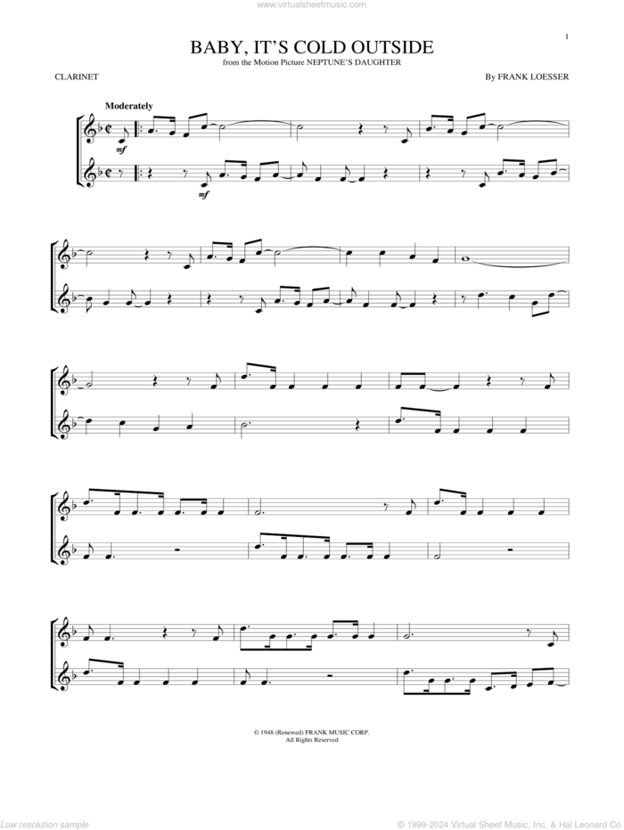 Baby, It's Cold Outside sheet music for clarinet solo by Frank Loesser, intermediate skill level