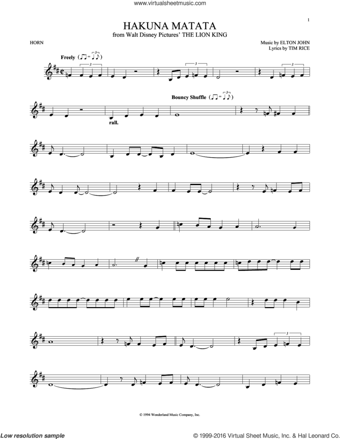 Hakuna Matata (from The Lion King) sheet music for horn solo by Elton John & Tim Rice, Jimmy Cliff featuring Lebo M, Elton John and Tim Rice, intermediate skill level