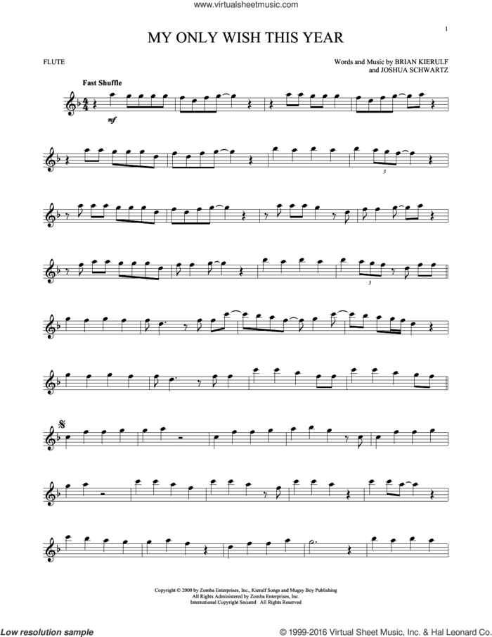 My Only Wish This Year sheet music for flute solo by Britney Spears, Brian Kierulf and Joshua Schwartz, intermediate skill level