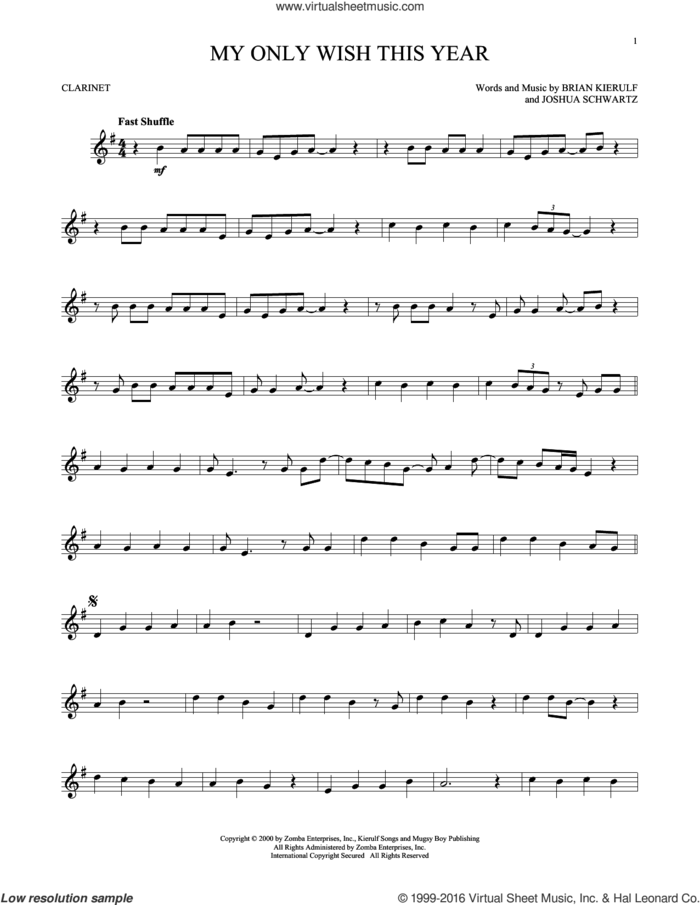 My Only Wish This Year sheet music for clarinet solo by Britney Spears, Brian Kierulf and Joshua Schwartz, intermediate skill level