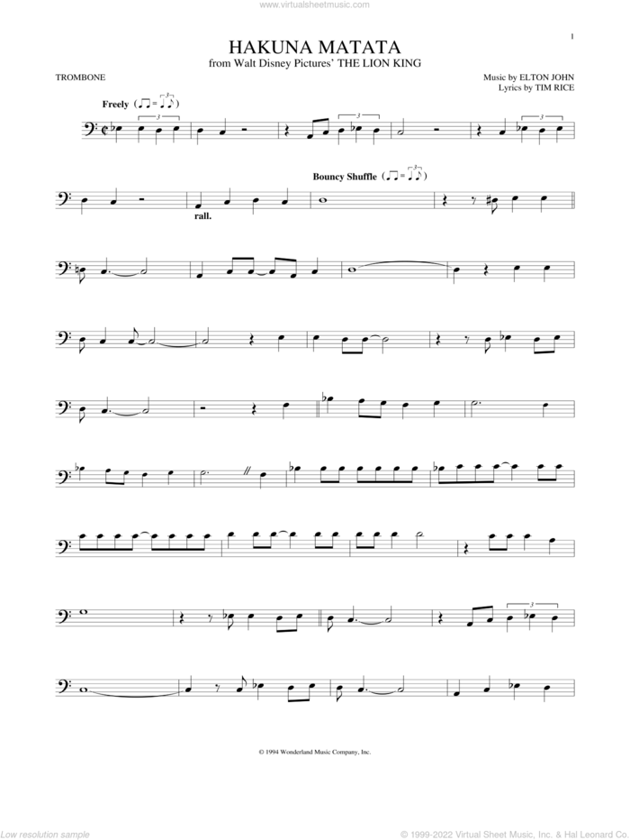 Hakuna Matata (from The Lion King) sheet music for trombone solo by Elton John, Jimmy Cliff featuring Lebo M, Elton John & Tim Rice and Tim Rice, intermediate skill level