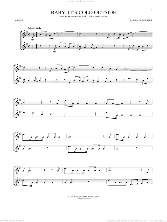 Baby, It's Cold Outside sheet music for violin solo by Frank Loesser, intermediate skill level