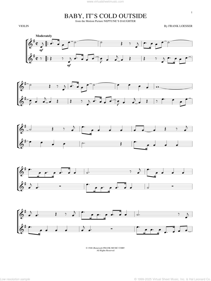 Baby, It's Cold Outside sheet music for violin solo by Frank Loesser, intermediate skill level