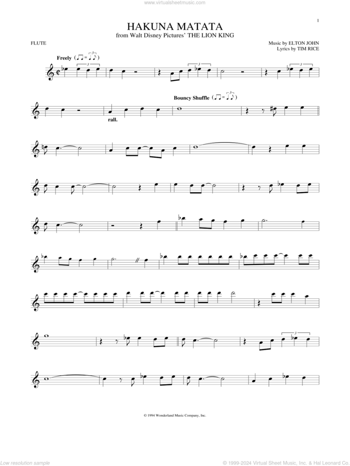 Hakuna Matata (from The Lion King) sheet music for flute solo by Elton John, Jimmy Cliff featuring Lebo M, Elton John & Tim Rice and Tim Rice, intermediate skill level