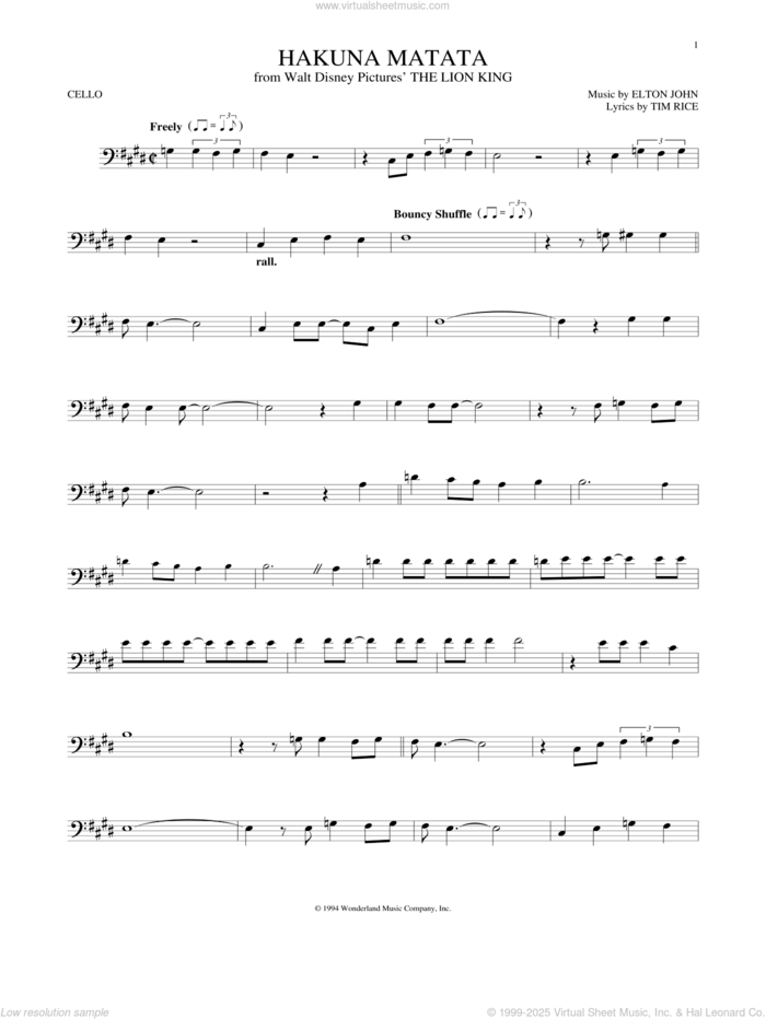 Hakuna Matata (from The Lion King) sheet music for cello solo by Elton John, Jimmy Cliff featuring Lebo M, Elton John & Tim Rice and Tim Rice, intermediate skill level