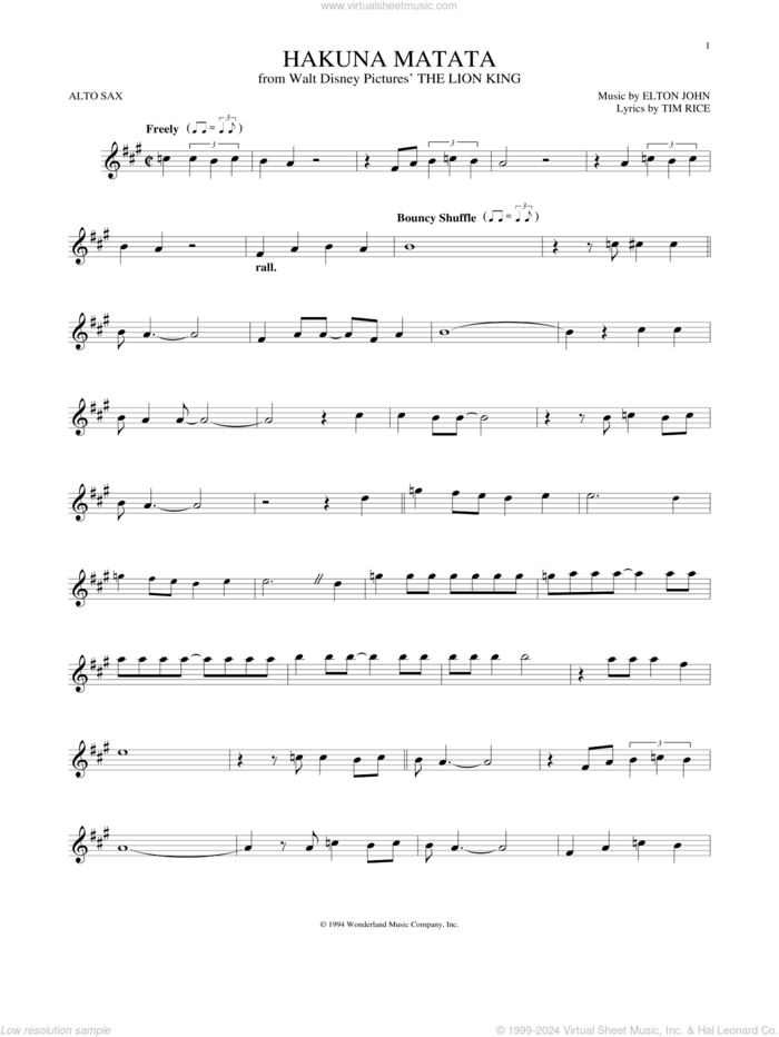 Hakuna Matata (from The Lion King) sheet music for alto saxophone solo by Elton John, Jimmy Cliff featuring Lebo M, Elton John & Tim Rice and Tim Rice, intermediate skill level