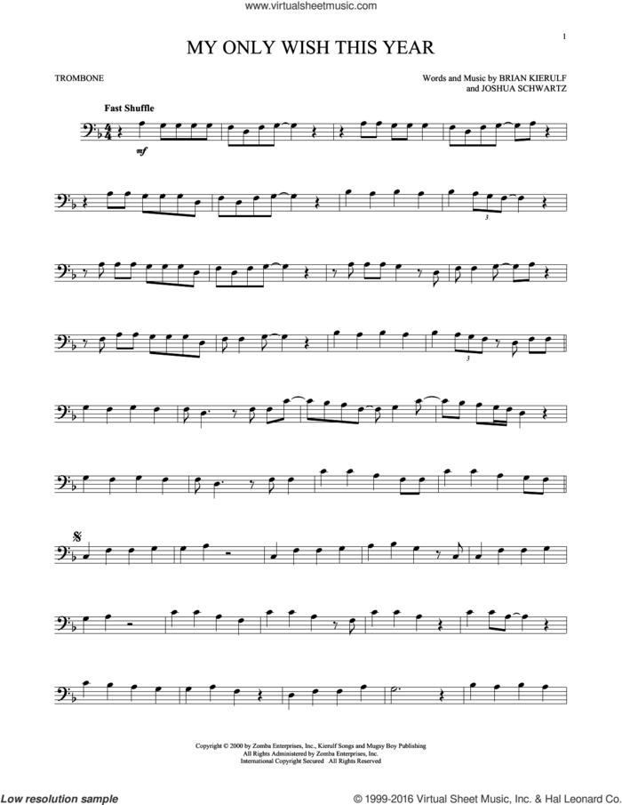 My Only Wish This Year sheet music for trombone solo by Britney Spears, Brian Kierulf and Joshua Schwartz, intermediate skill level