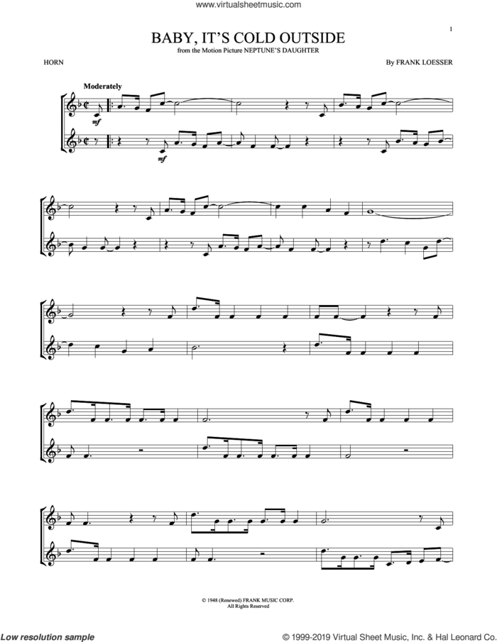 Baby, It's Cold Outside sheet music for horn solo by Frank Loesser, intermediate skill level