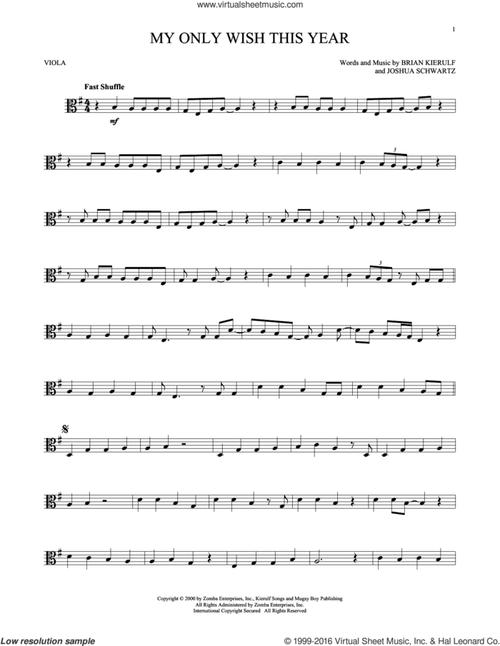 My Only Wish This Year sheet music for viola solo by Britney Spears, Brian Kierulf and Joshua Schwartz, intermediate skill level