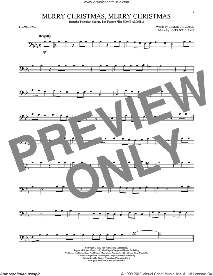 Merry Christmas, Merry Christmas sheet music for trombone solo by John Williams and Leslie Bricusse, intermediate skill level