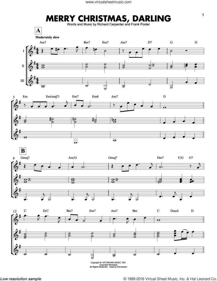 Merry Christmas, Darling sheet music for guitar ensemble by Richard Carpenter, Carpenters and Frank Pooler, intermediate skill level