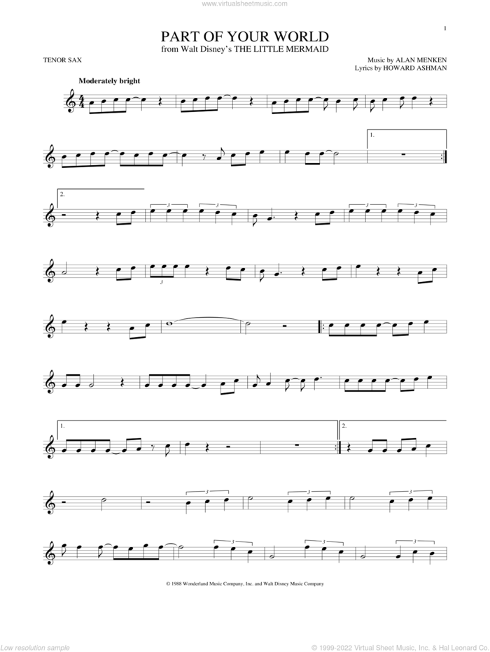 Part Of Your World (from The Little Mermaid) sheet music for tenor saxophone solo by Alan Menken, Alan Menken & Howard Ashman and Howard Ashman, intermediate skill level
