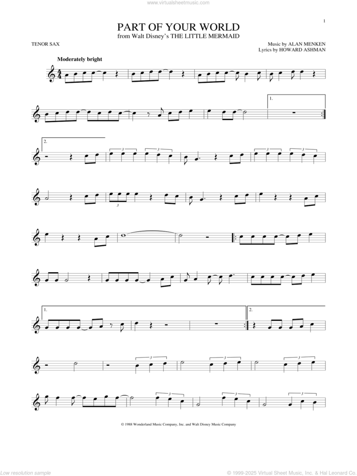 Part Of Your World (from The Little Mermaid) sheet music for tenor saxophone solo by Alan Menken, Alan Menken & Howard Ashman and Howard Ashman, intermediate skill level