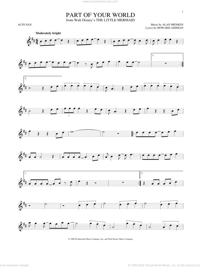 Part Of Your World (from The Little Mermaid) sheet music for alto saxophone solo by Alan Menken, Alan Menken & Howard Ashman and Howard Ashman, intermediate skill level