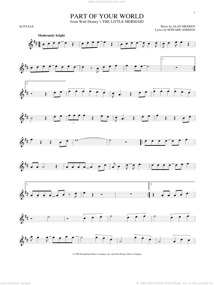 Part Of Your World (from The Little Mermaid) sheet music for alto saxophone solo by Alan Menken, Alan Menken & Howard Ashman and Howard Ashman, intermediate skill level