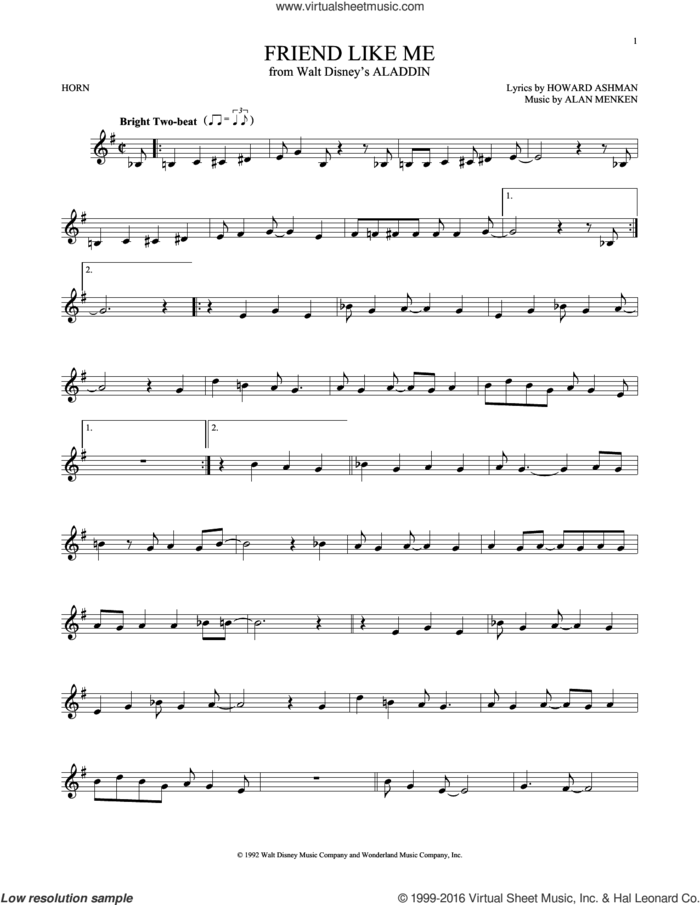 Friend Like Me (from Aladdin) sheet music for horn solo by Alan Menken, Alan Menken & Howard Ashman and Howard Ashman, intermediate skill level