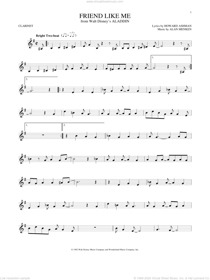 Friend Like Me (from Aladdin) sheet music for clarinet solo by Alan Menken, Alan Menken & Howard Ashman and Howard Ashman, intermediate skill level