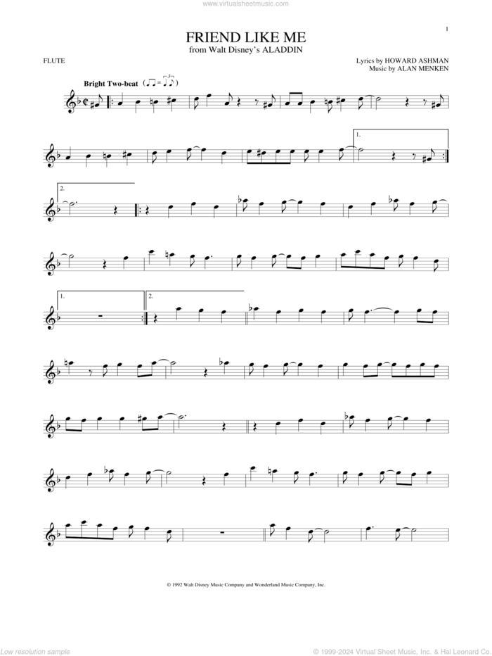 Friend Like Me (from Aladdin) sheet music for flute solo by Alan Menken, Alan Menken & Howard Ashman and Howard Ashman, intermediate skill level