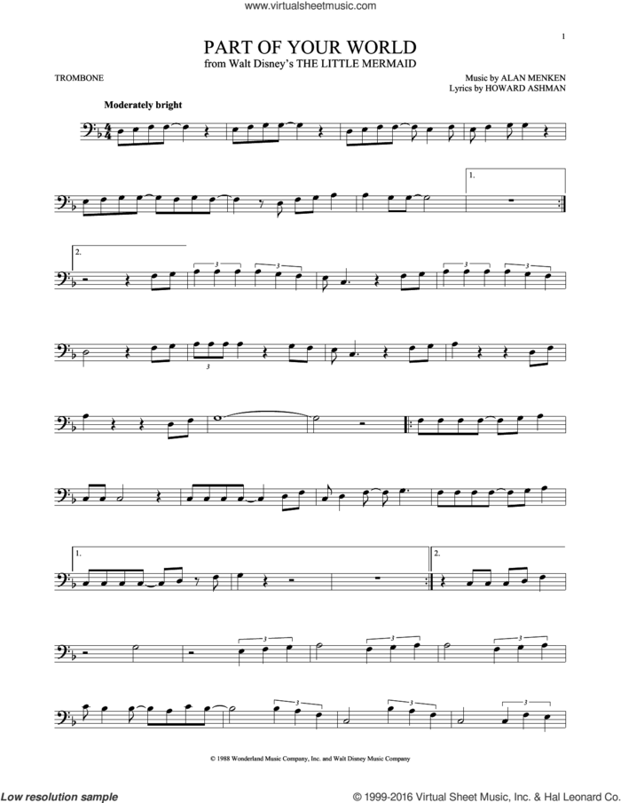 Part Of Your World (from The Little Mermaid) sheet music for trombone solo by Alan Menken, Alan Menken & Howard Ashman and Howard Ashman, intermediate skill level