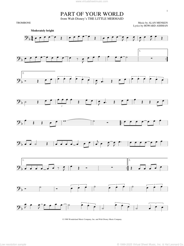 Part Of Your World (from The Little Mermaid) sheet music for trombone solo by Alan Menken, Alan Menken & Howard Ashman and Howard Ashman, intermediate skill level