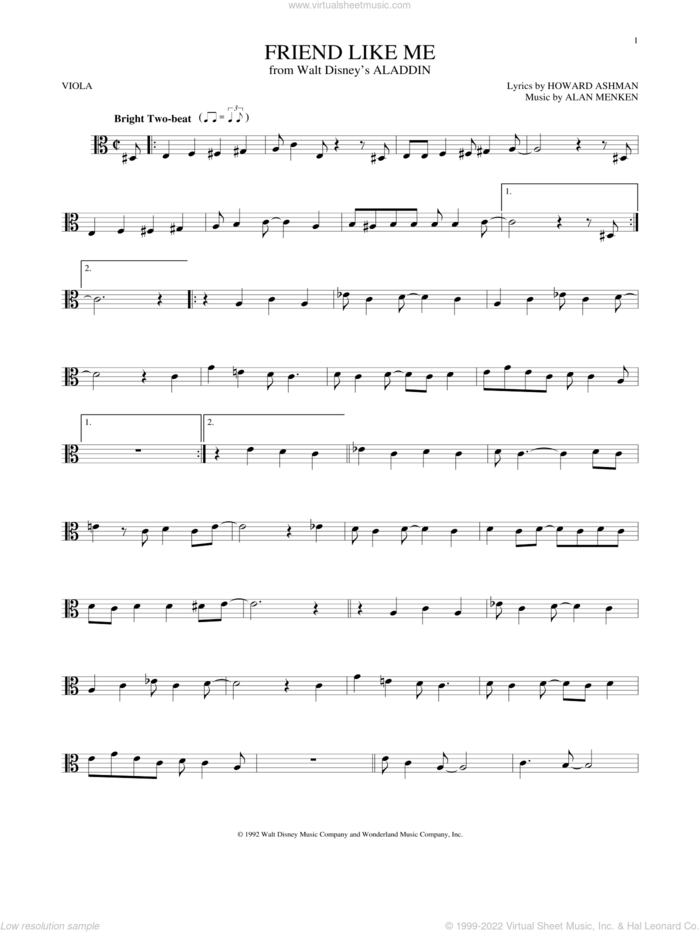 Friend Like Me (from Aladdin) sheet music for viola solo by Alan Menken, Alan Menken & Howard Ashman and Howard Ashman, intermediate skill level