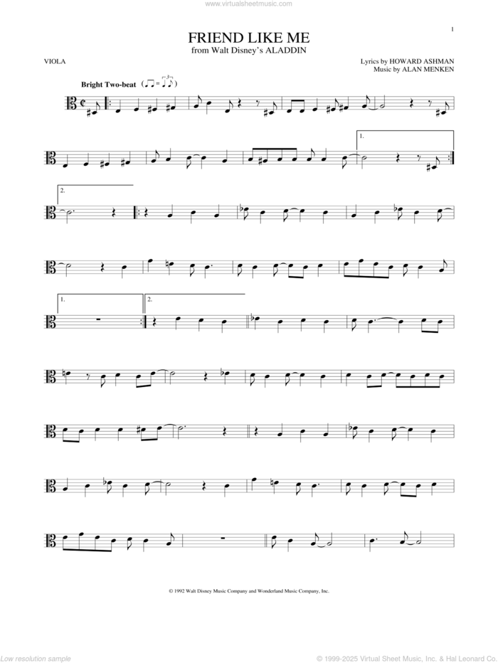 Friend Like Me (from Aladdin) sheet music for viola solo by Alan Menken, Alan Menken & Howard Ashman and Howard Ashman, intermediate skill level