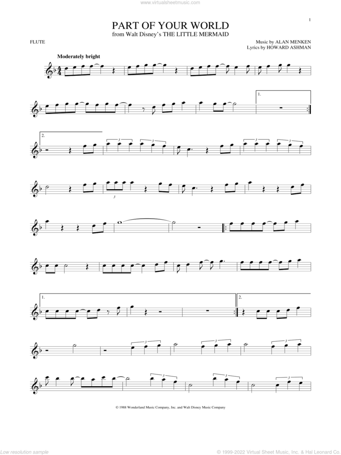 Part Of Your World (from The Little Mermaid) sheet music for flute solo by Alan Menken, Alan Menken & Howard Ashman and Howard Ashman, intermediate skill level