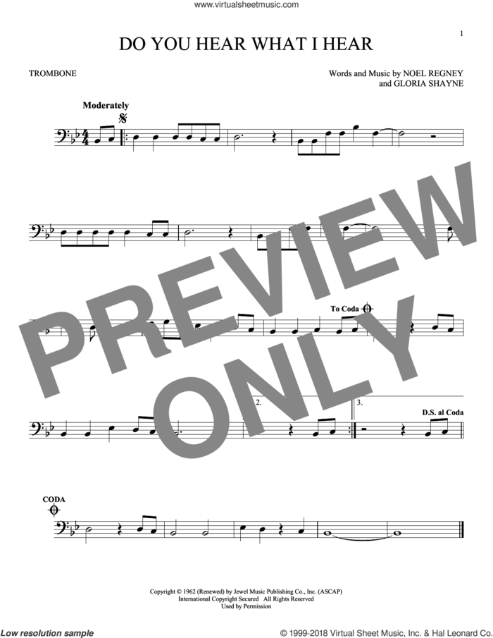 Do You Hear What I Hear sheet music for trombone solo by Gloria Shayne, Carole King, Carrie Underwood, Susan Boyle feat. Amber Stassi, Noel Regney and Noel Regney & Gloria Shayne, intermediate skill level