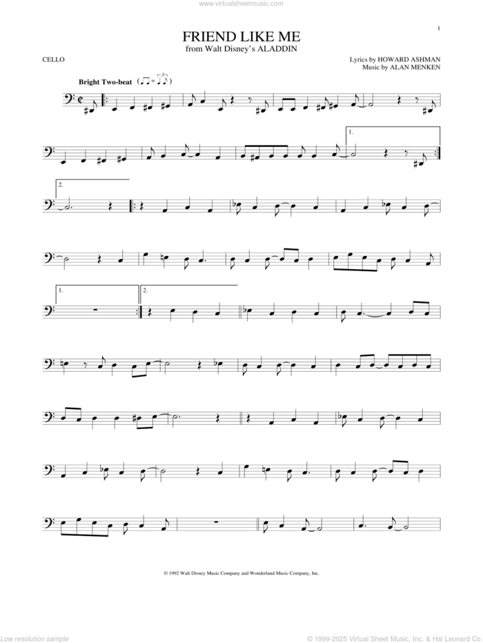 Friend Like Me (from Aladdin) sheet music for cello solo by Alan Menken, Alan Menken & Howard Ashman and Howard Ashman, intermediate skill level