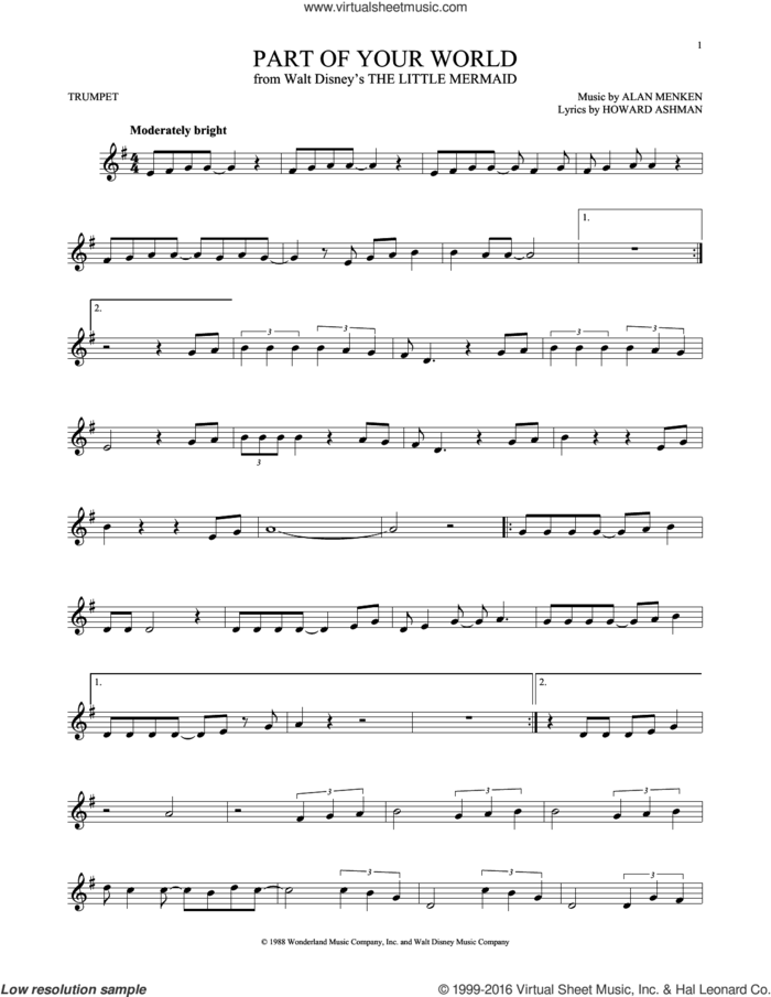 Part Of Your World (from The Little Mermaid) sheet music for trumpet solo by Alan Menken, Alan Menken & Howard Ashman and Howard Ashman, intermediate skill level