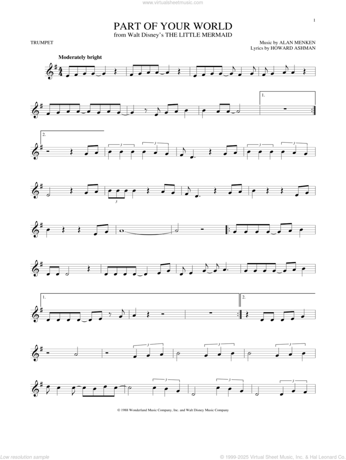 Part Of Your World (from The Little Mermaid) sheet music for trumpet solo by Alan Menken, Alan Menken & Howard Ashman and Howard Ashman, intermediate skill level