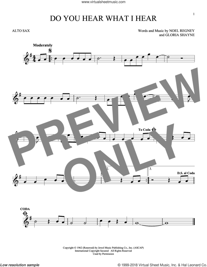 Do You Hear What I Hear sheet music for alto saxophone solo by Gloria Shayne, Carole King, Carrie Underwood, Susan Boyle feat. Amber Stassi, Noel Regney and Noel Regney & Gloria Shayne, intermediate skill level