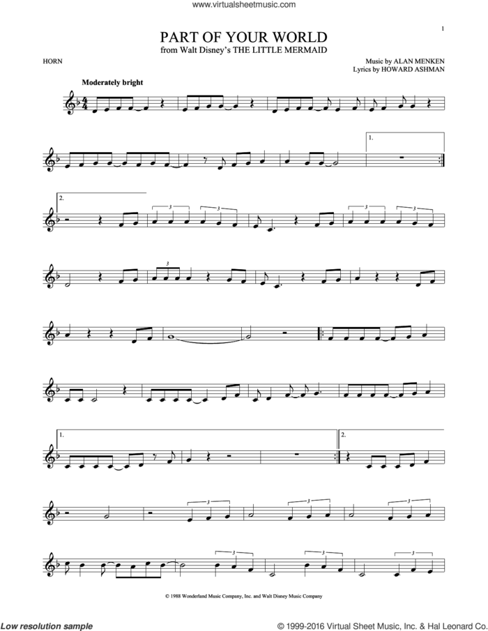 Part Of Your World (from The Little Mermaid) sheet music for horn solo by Alan Menken, Alan Menken & Howard Ashman and Howard Ashman, intermediate skill level