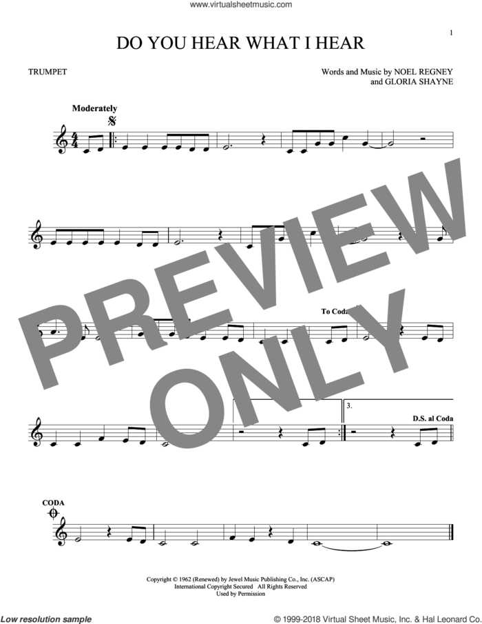 Do You Hear What I Hear sheet music for trumpet solo by Gloria Shayne, Carole King, Carrie Underwood, Susan Boyle feat. Amber Stassi, Noel Regney and Noel Regney & Gloria Shayne, intermediate skill level