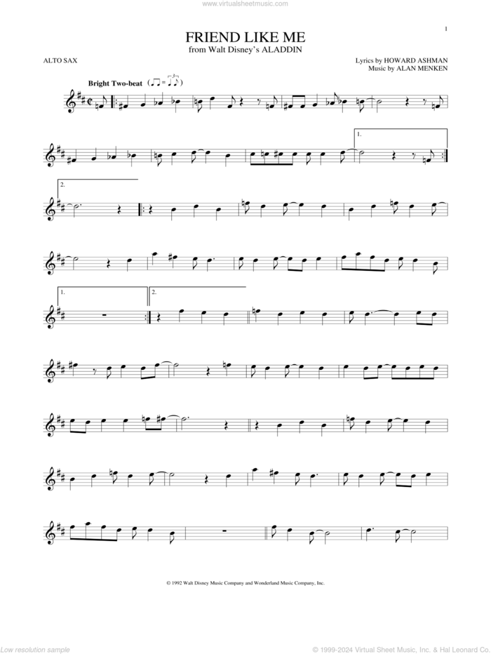 Friend Like Me (from Aladdin) sheet music for alto saxophone solo by Alan Menken, Alan Menken & Howard Ashman and Howard Ashman, intermediate skill level