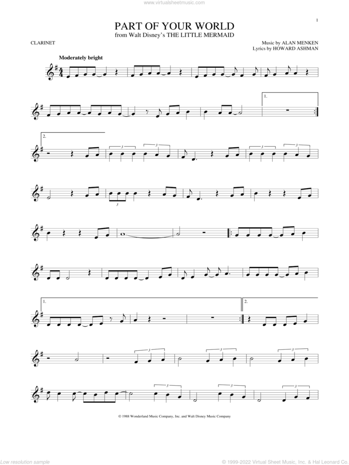 Part Of Your World (from The Little Mermaid) sheet music for clarinet solo by Alan Menken, Alan Menken & Howard Ashman and Howard Ashman, intermediate skill level