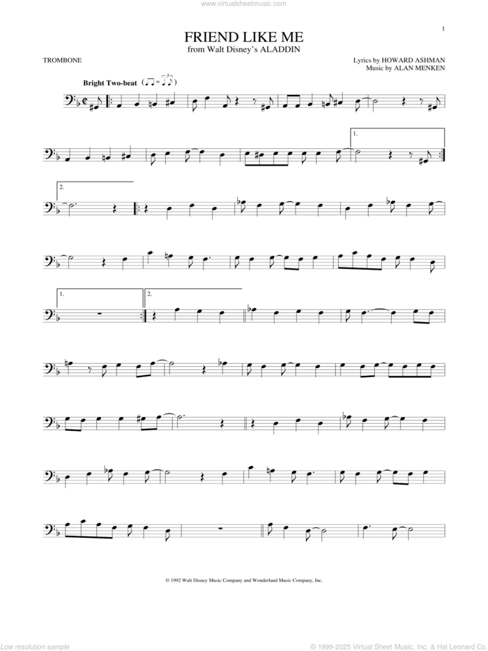 Friend Like Me (from Aladdin) sheet music for trombone solo by Alan Menken, Alan Menken & Howard Ashman and Howard Ashman, intermediate skill level