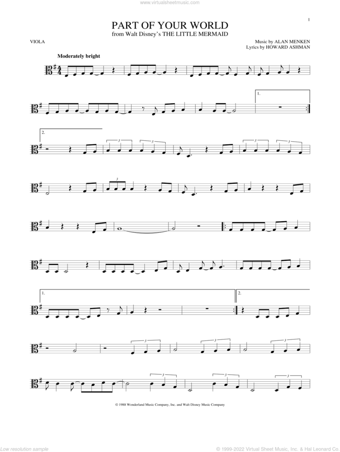 Part Of Your World (from The Little Mermaid) sheet music for viola solo by Alan Menken, Alan Menken & Howard Ashman and Howard Ashman, intermediate skill level