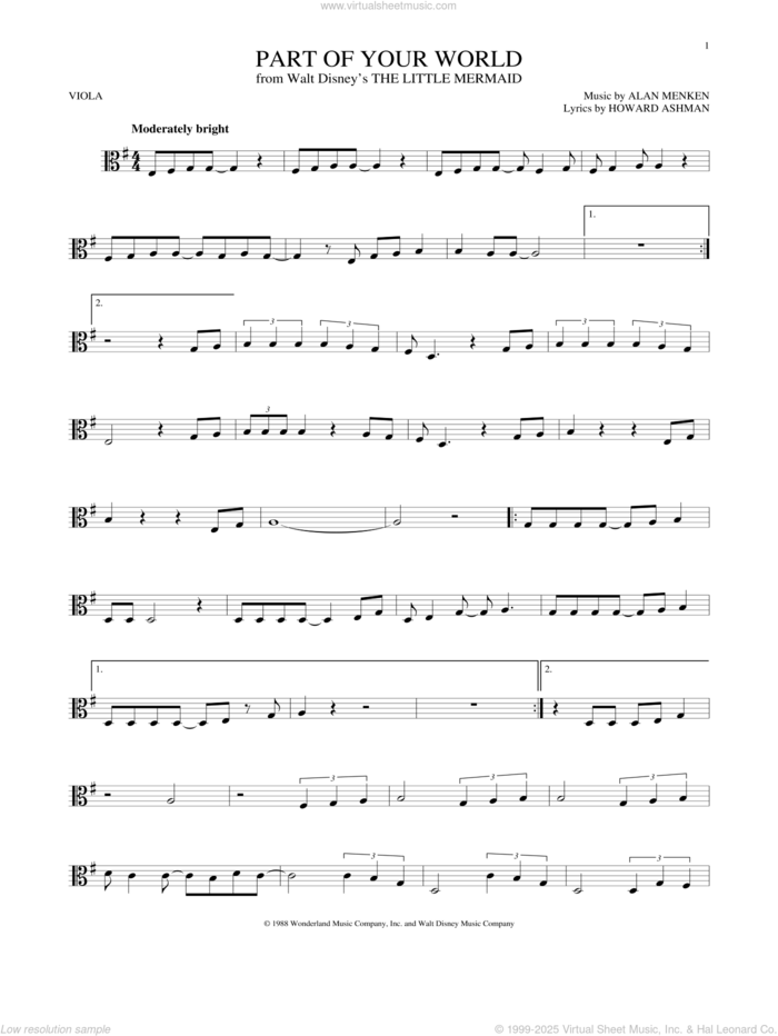 Part Of Your World (from The Little Mermaid) sheet music for viola solo by Alan Menken, Alan Menken & Howard Ashman and Howard Ashman, intermediate skill level